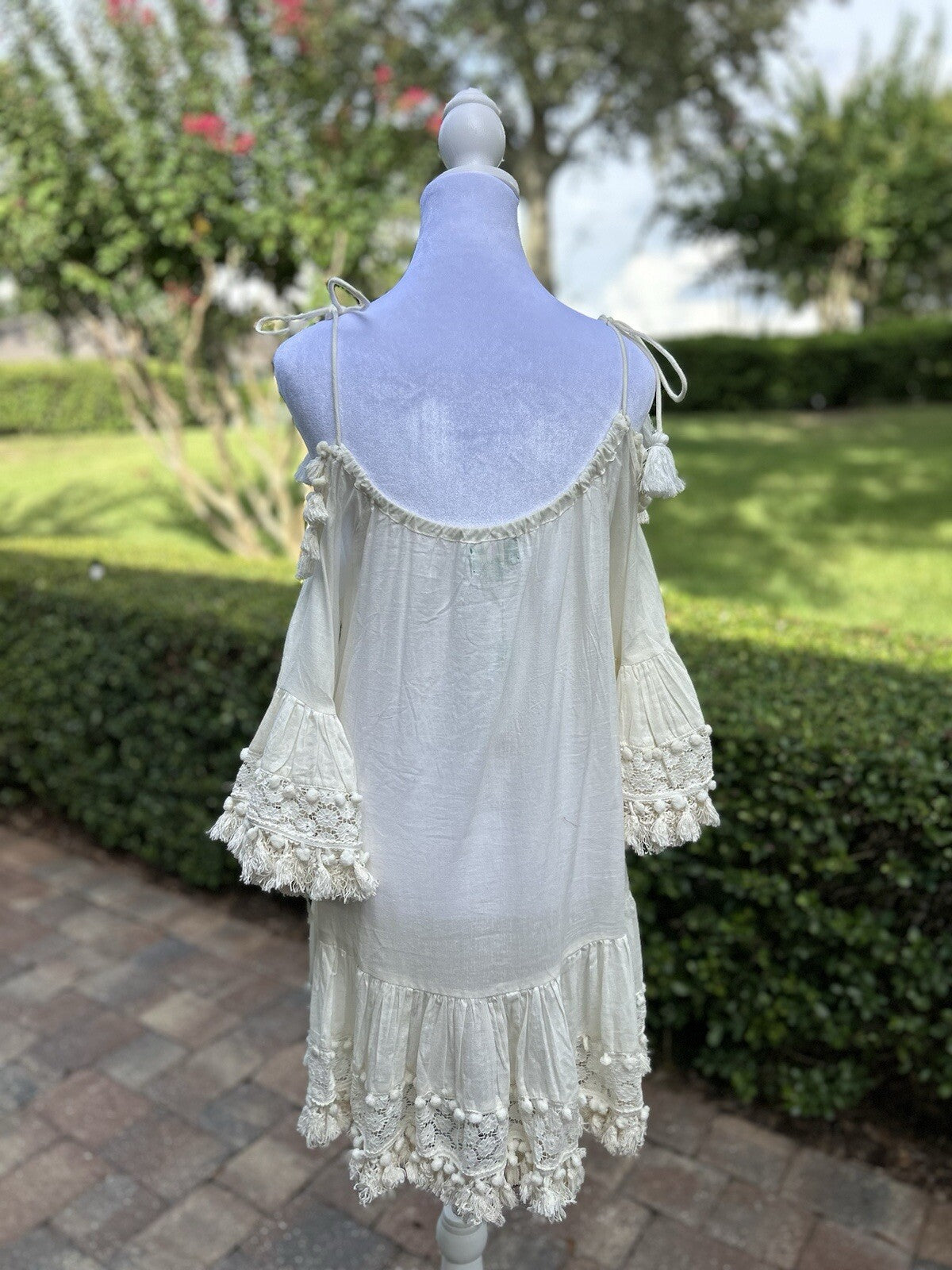 Antica Sartoria Off White Peek A Boo Shoulder Dress  Lace POMPOM