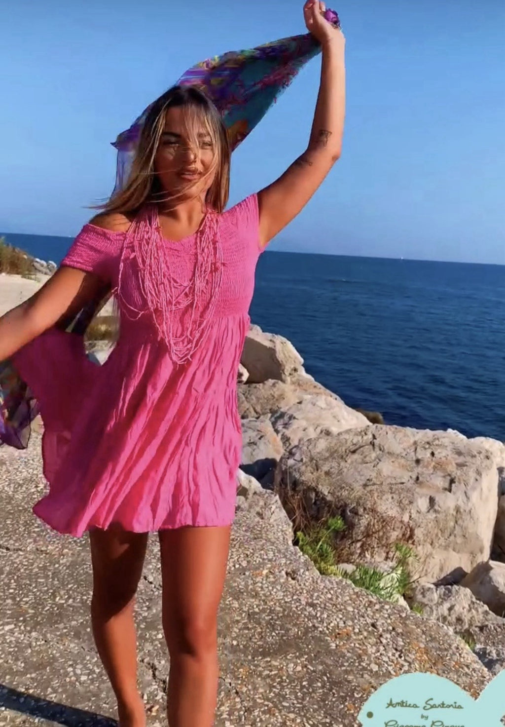 Antica Sartoria 2025 Smocked Hot Pink Off Shoulder Dress Nwt