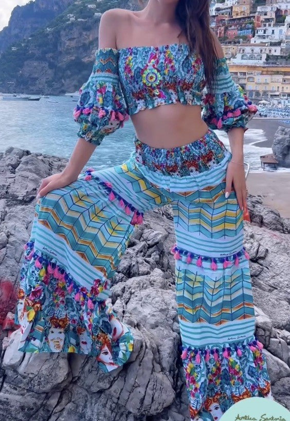 Antica Sartoria Turquise & White Off Shoulder Smocked 2pcs Pants Set NWT O/S