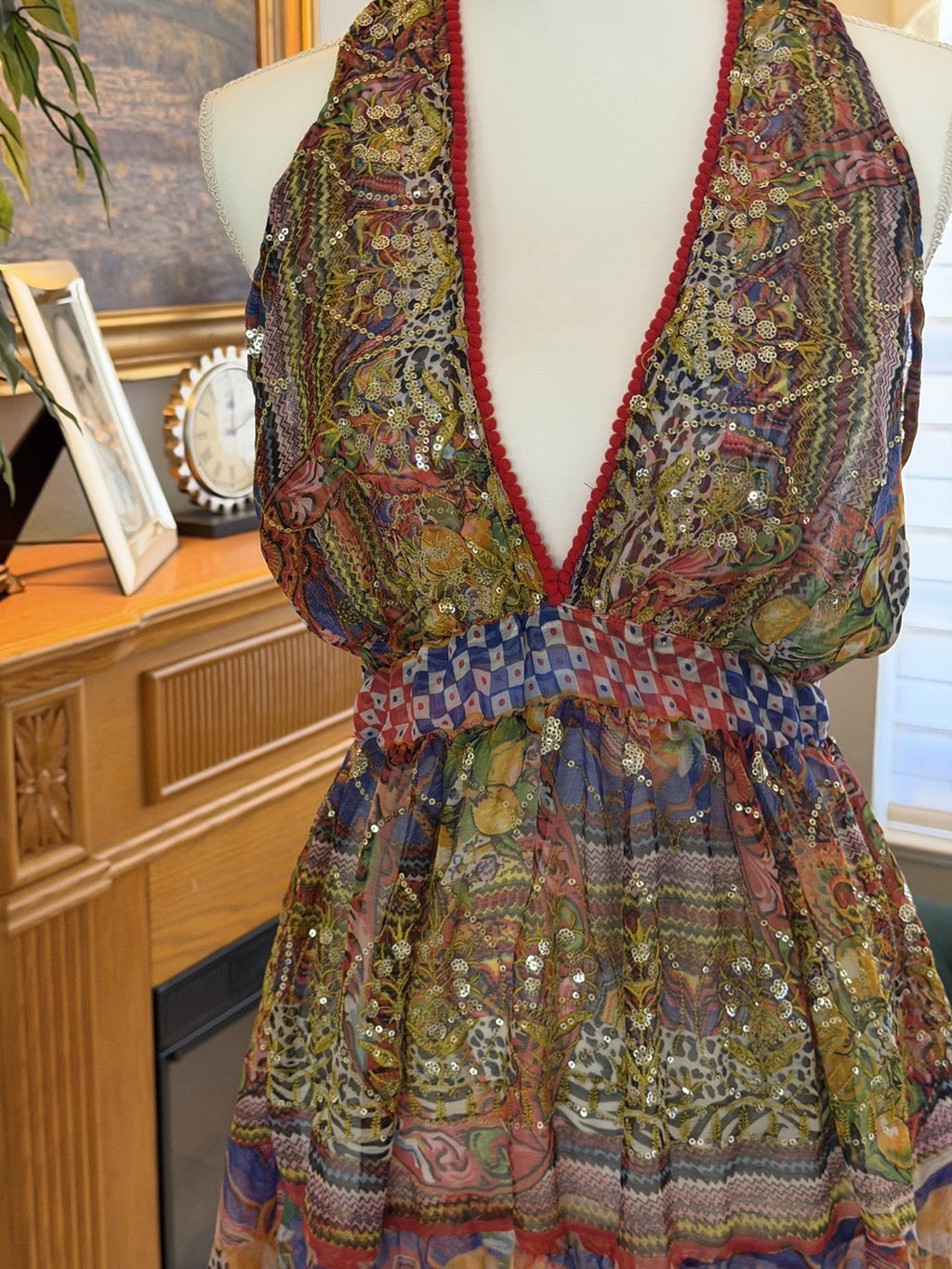 Antica Sartoria Long Beaded Colorful Red Brown Chiffon Halter Dress O/S
