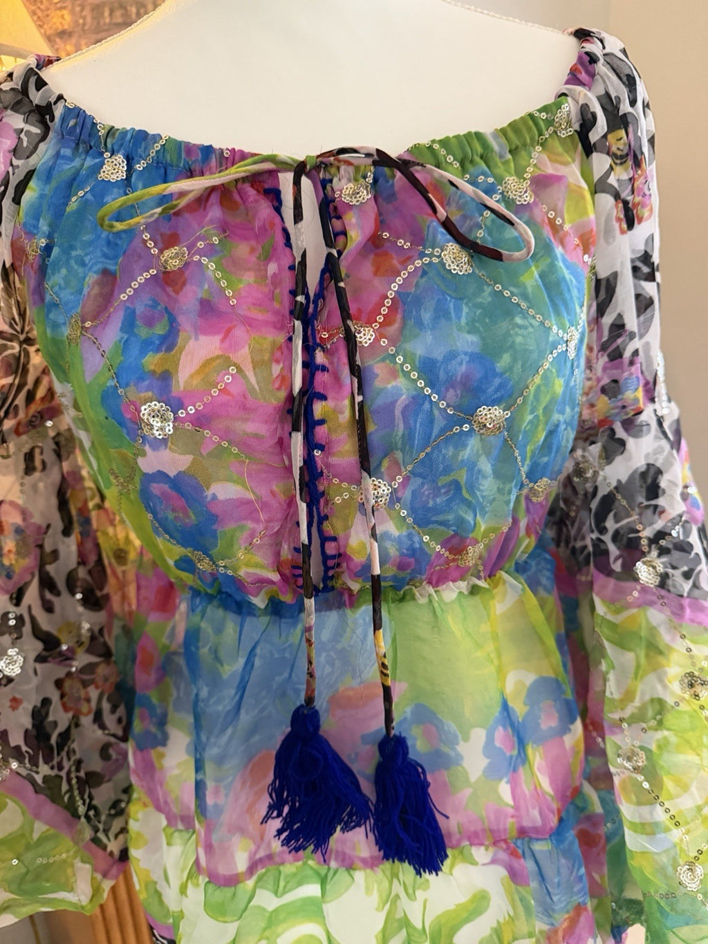 Antica Sartoria Green White Pink Fun Print Beaded Off Shoulder Short Dress O/S