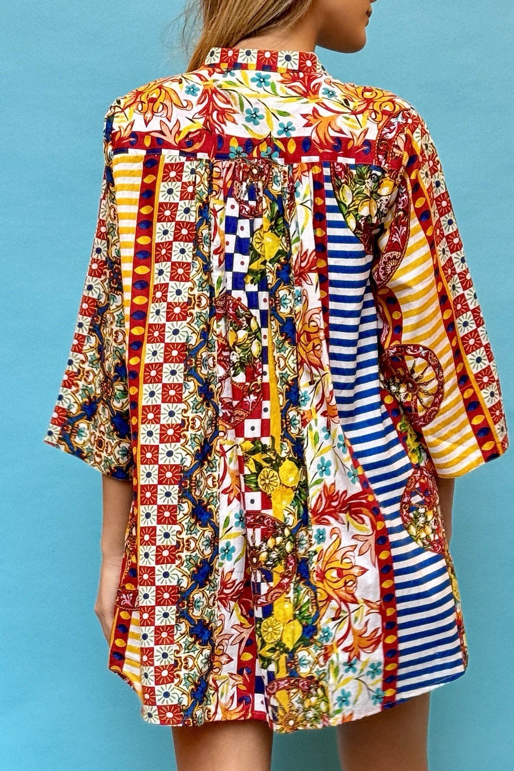 Antica Sartoria Red Blue Yellow Stripes Button Down Shirt Dress NWT XL