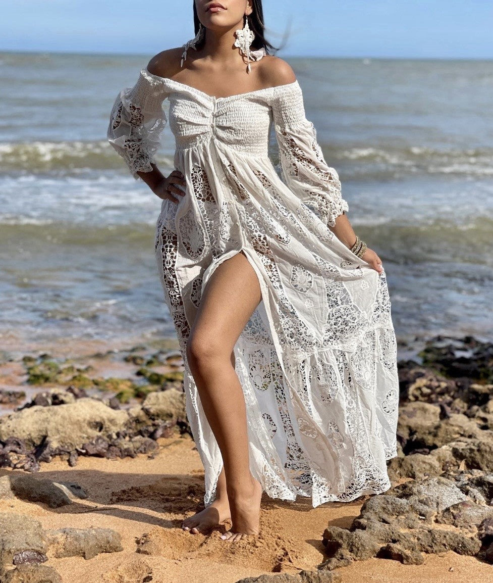 Antica Sartoria White Off Shoulder Long Lace Buttons Dress With Under Skirt
