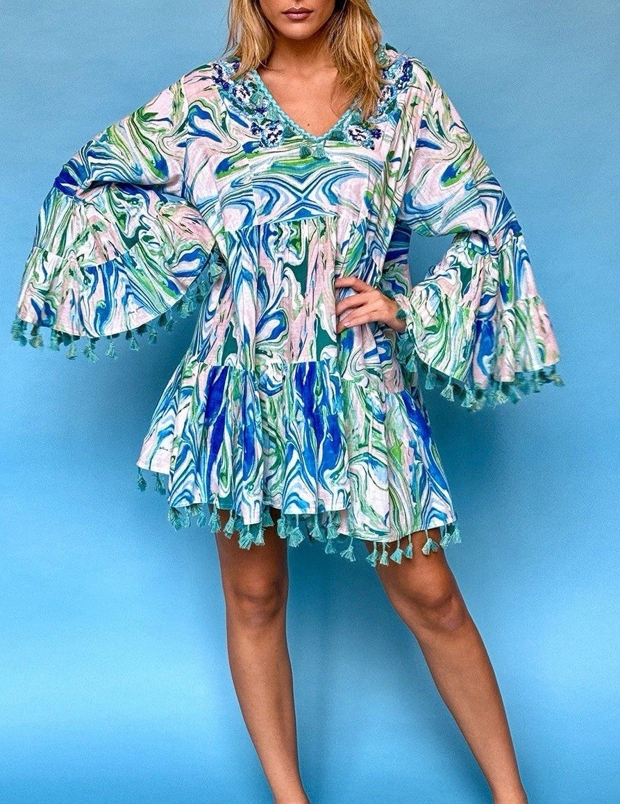 ANTICA SARTORIA 2024 BLUE WHITE & GREEN SWIRL DRESS NWT O/S