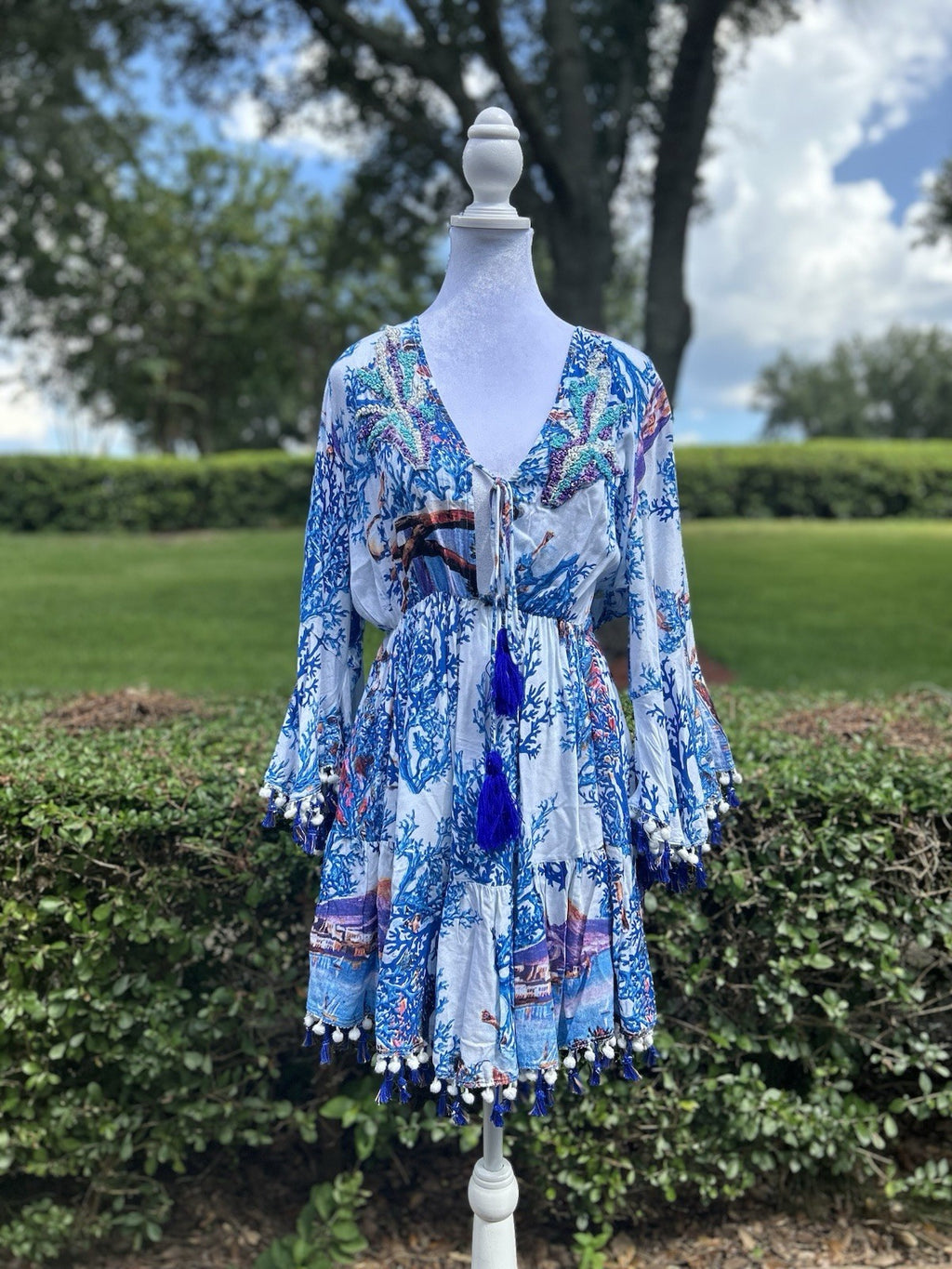 Antica Sartoria 2024 Beaded Coral Volcano Blue White Dress NWT O/S