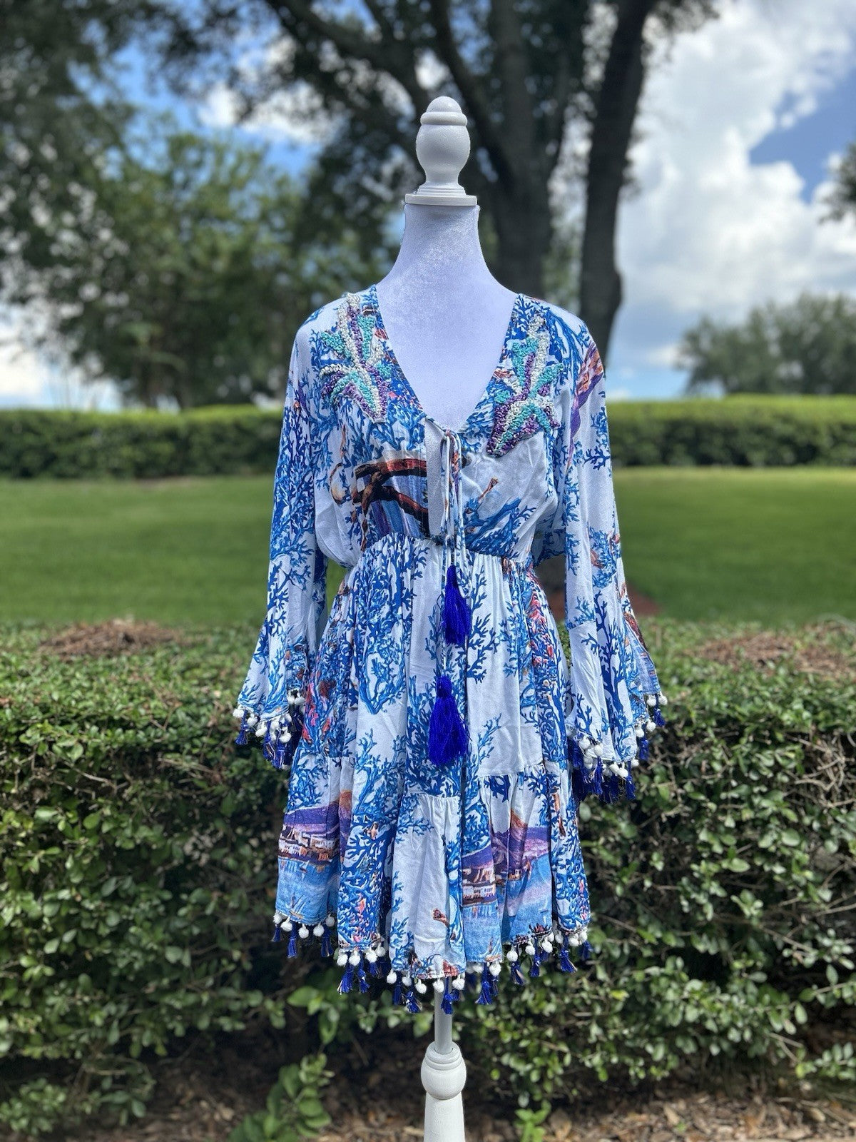 Antica Sartoria 2024 Beaded Coral Volcano Blue White Dress NWT O/S