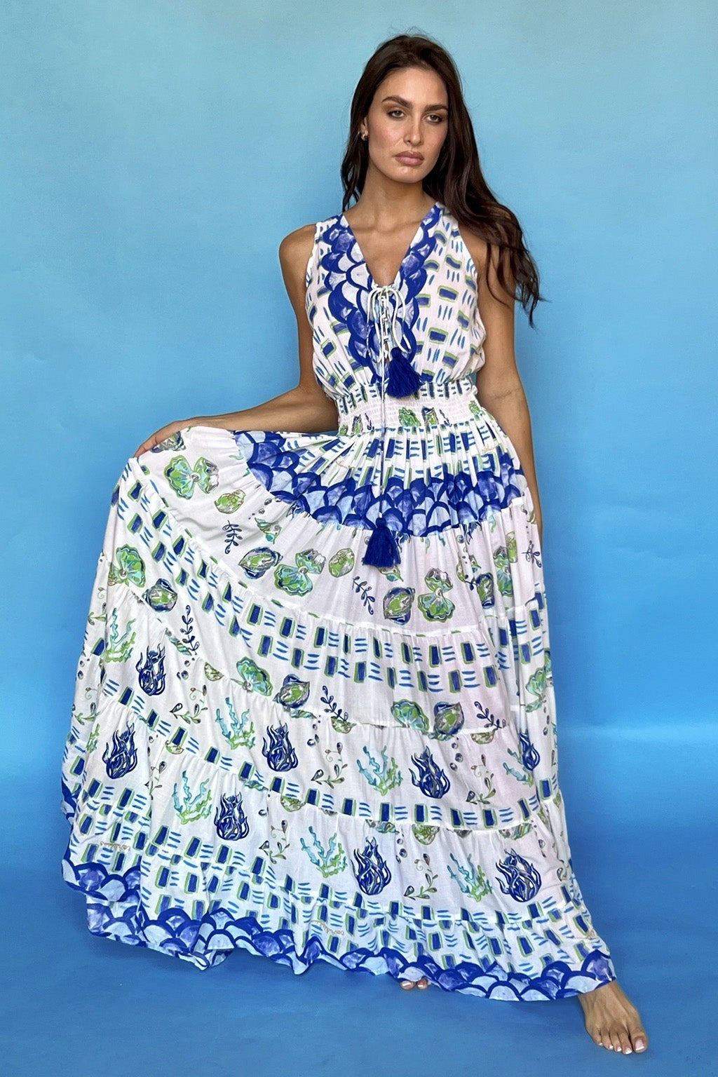 Antica Sartoria 2024 Clams White Green Blue Beautiful Long Dress V-Neck NWT O/S