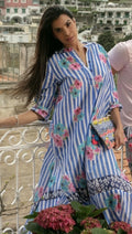 Antica Sartoria 2025 Blue White Roses Stripped Kaftan Dress NWT L/XL