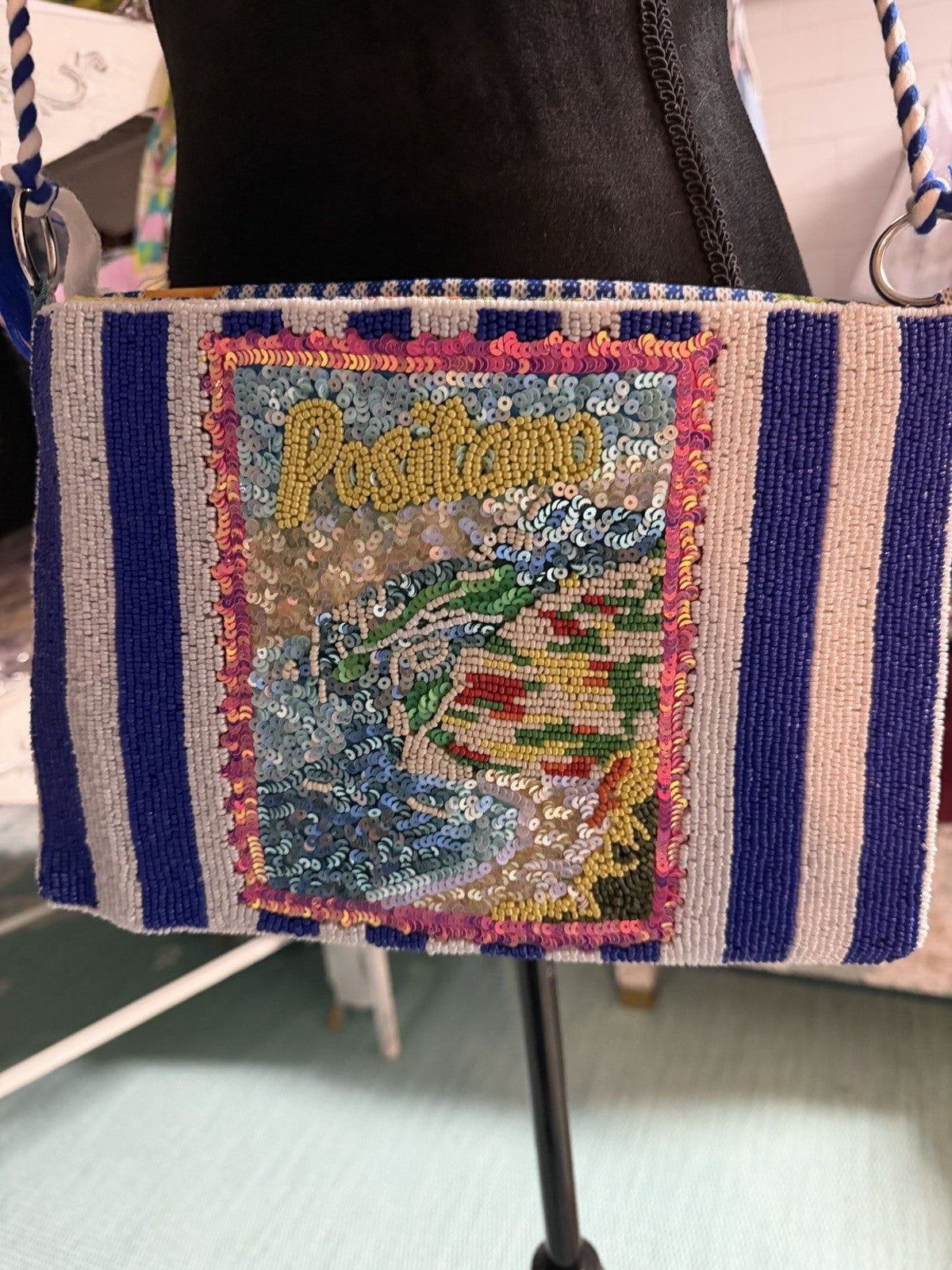 ANTICA SARTORIA 2026 POSITANO BLUE & WHITE STRIPES  SEQUINS PURSE NWT