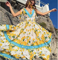 Antica Sartoria 2026 White Blue & Lemon Strappy Long V Neck Front & Back Dress