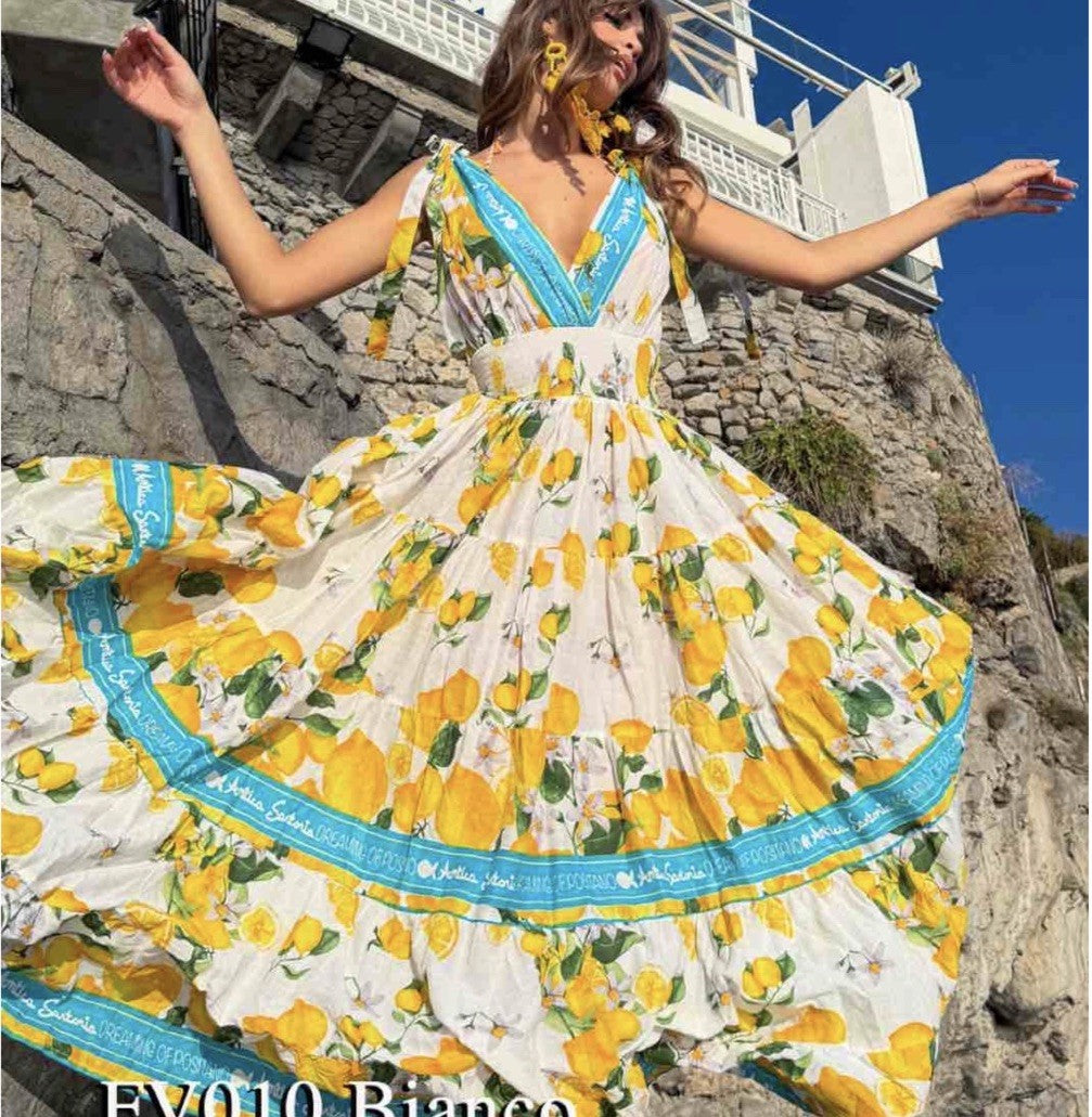 Antica Sartoria 2026 White Blue & Lemon Strappy Long V Neck Front & Back Dress