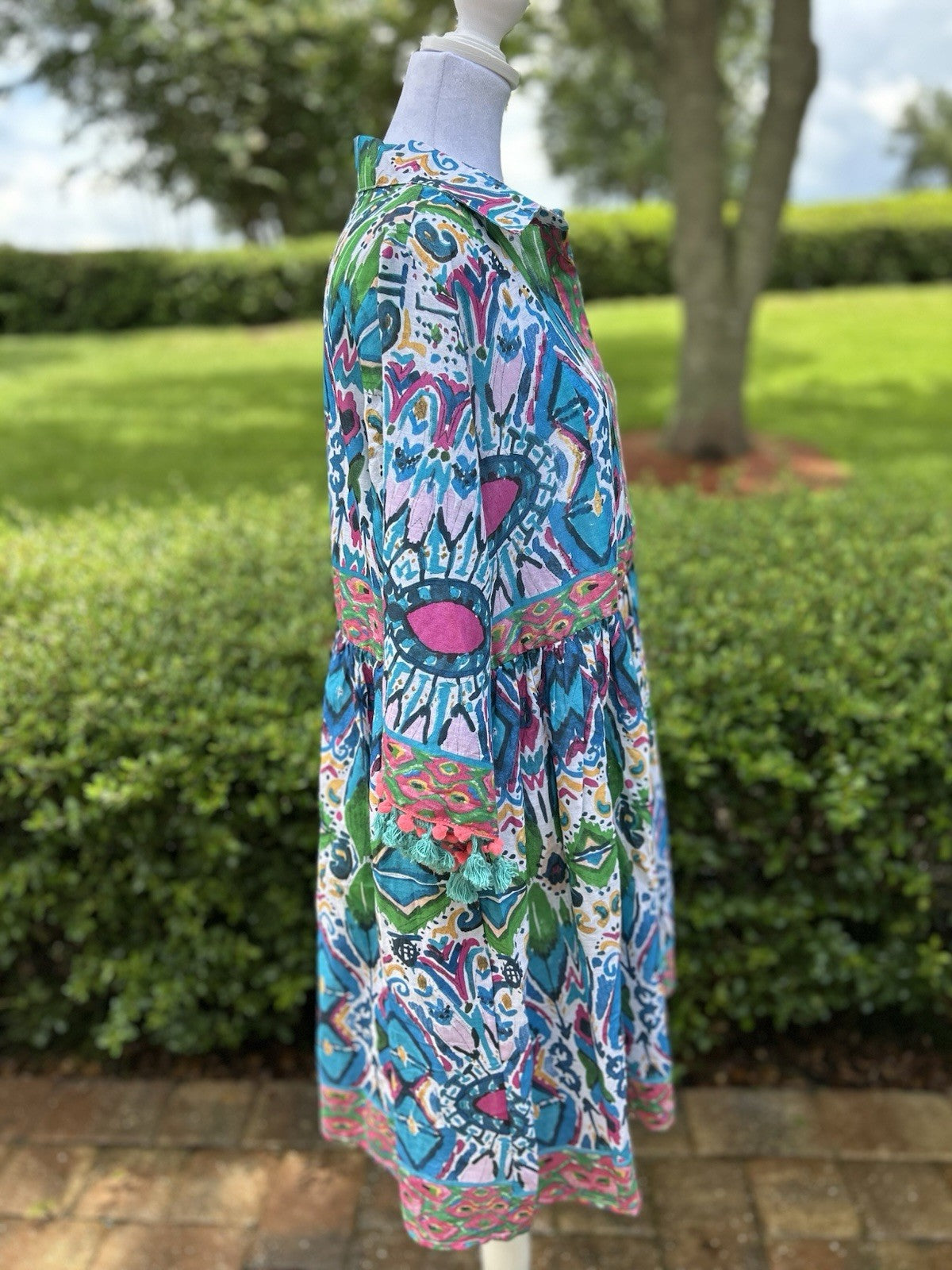 Antica Sartoria Button Down Blue Green Pink Collar Dress NWT L/XL Colorful
