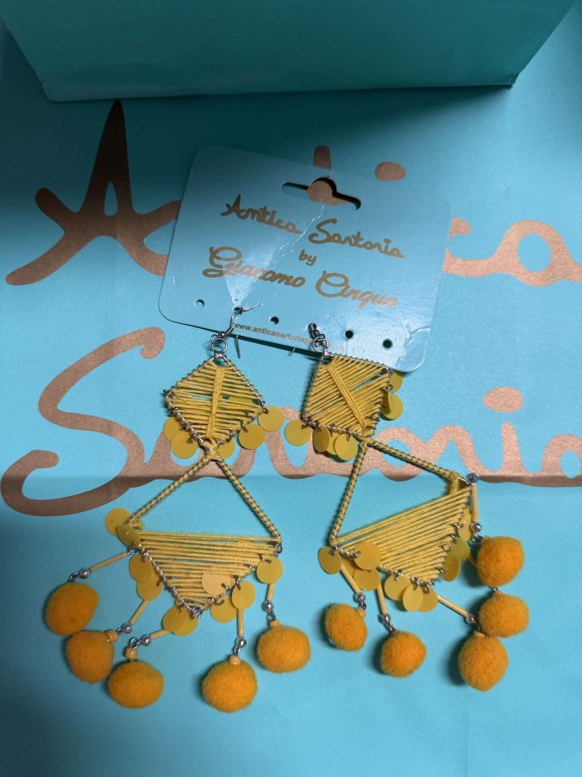 Antica Sartoria Pom Pom Hoop Triangle Earrings Yellow Nwt 💛