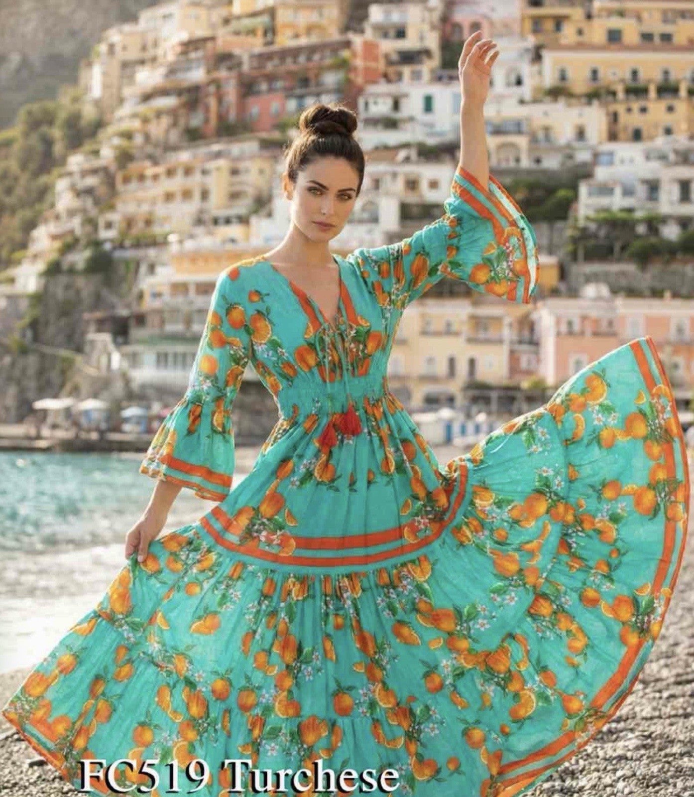 Antica Sartoria 2026 Aqua Orange 🍊 & Flowers Long Dress NWT  O/S