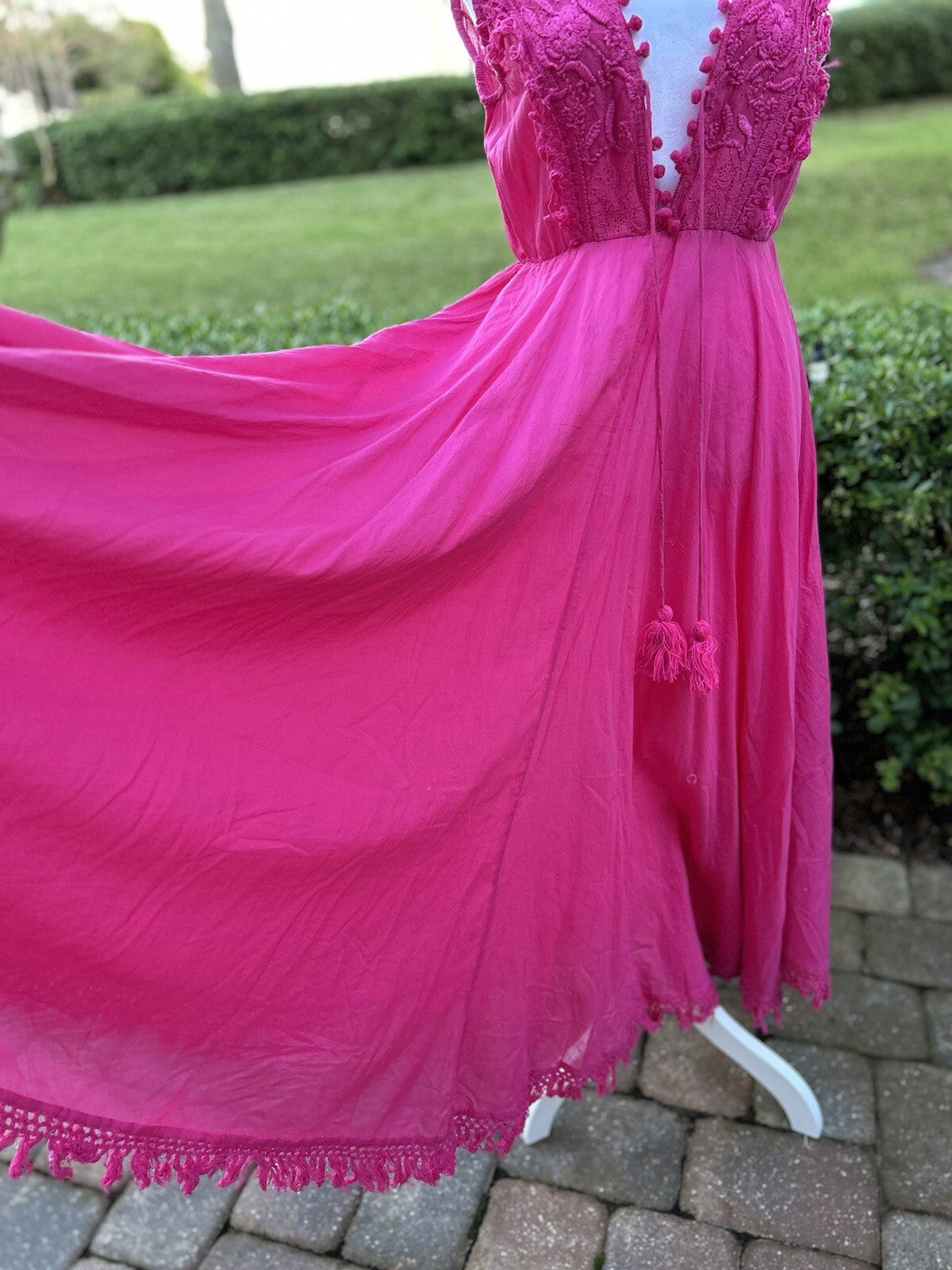 ANTICA SARTORIA PINK TIE FRONT & BACK V NECK DRESS POMPOM NWT O/S
