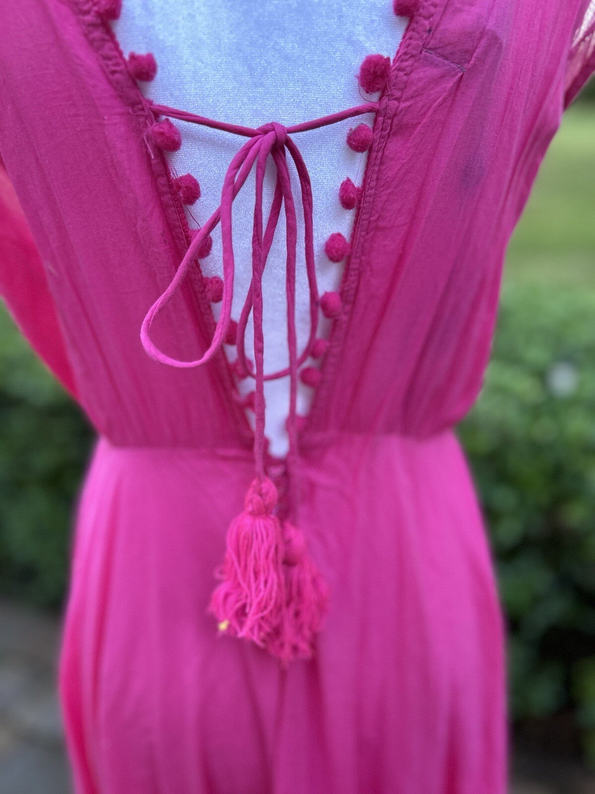 ANTICA SARTORIA PINK TIE FRONT & BACK V NECK DRESS POMPOM NWT O/S