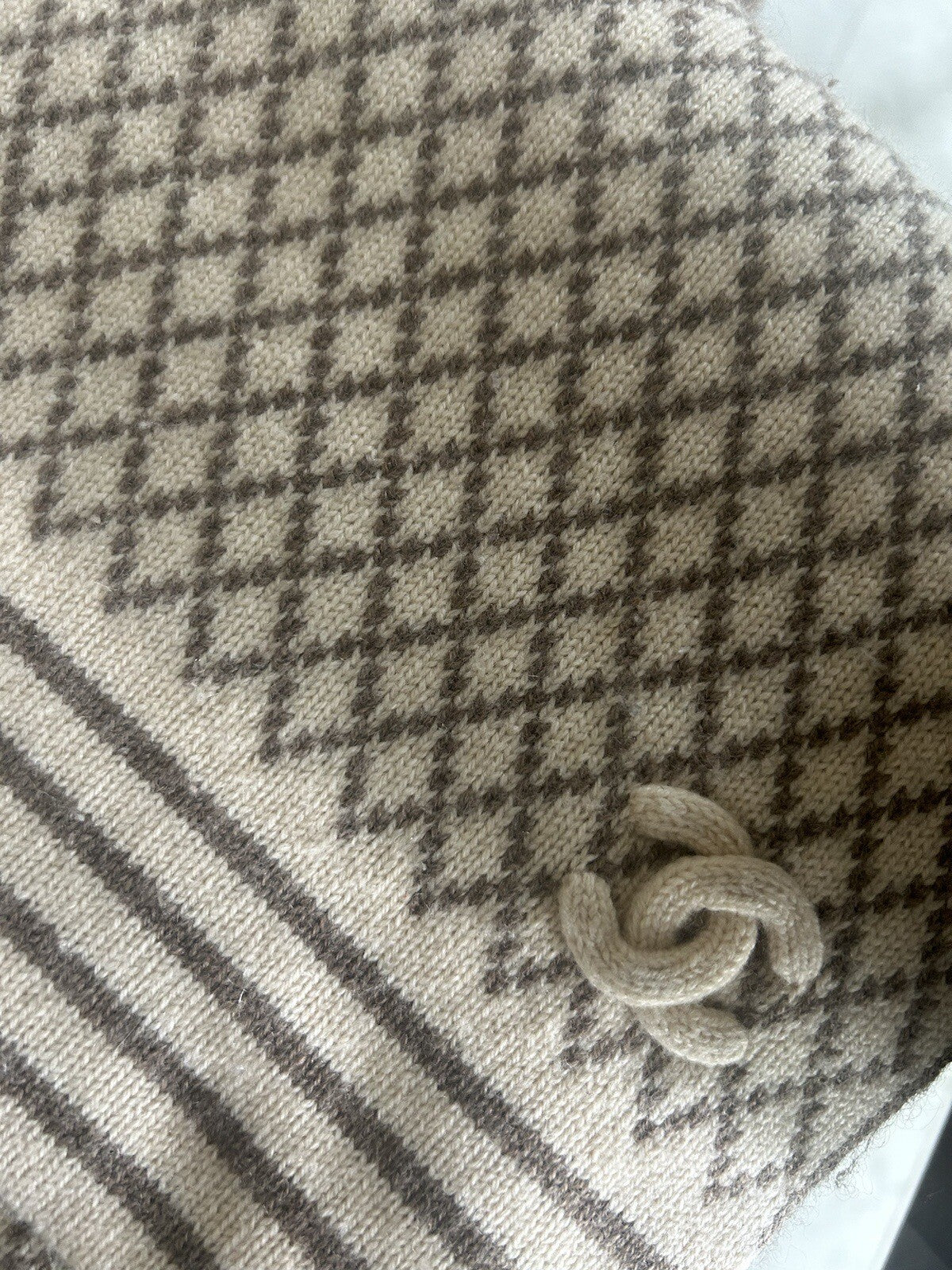 CHANEL Milk tea Beige CC Logo Cashmere Scarf Wrap Stole