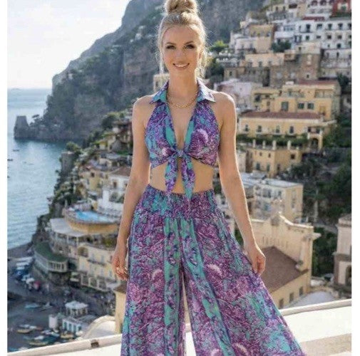 Antica Sartoria 2026 Aqua Violet Wide Leg Pants And Top Set O/S Nwt