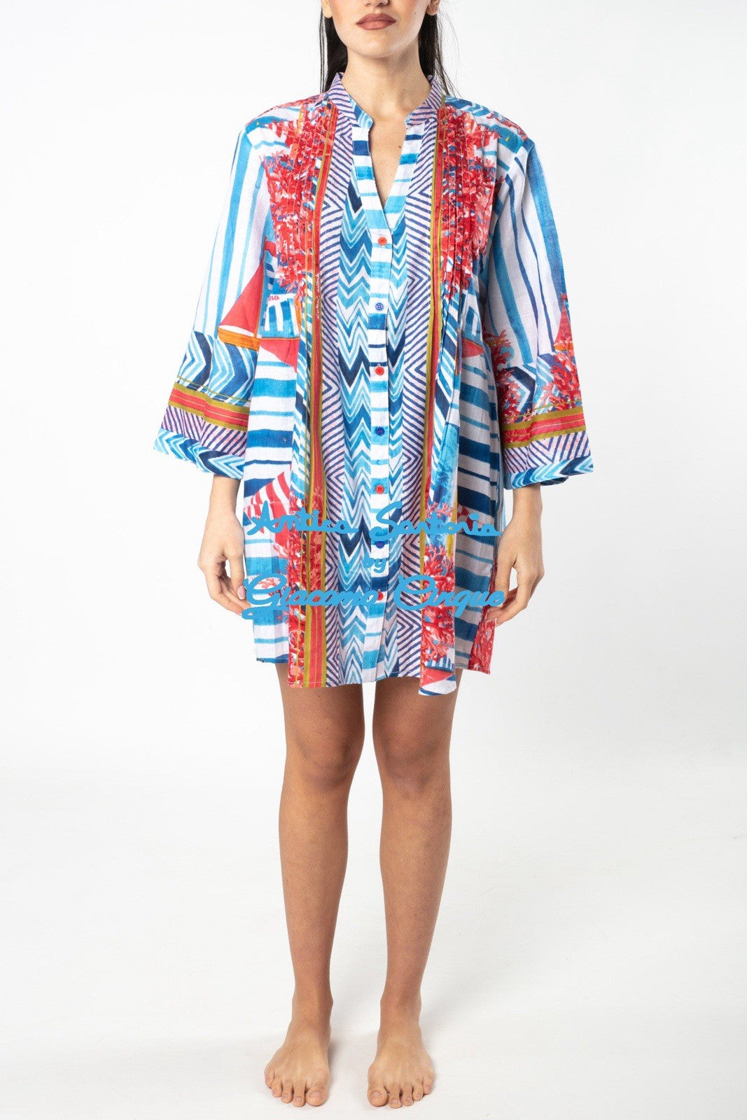 ANTICA SARTORIA SAILBOAT & CORAL BUTTON DOWN TOP DRESS NWT S/M