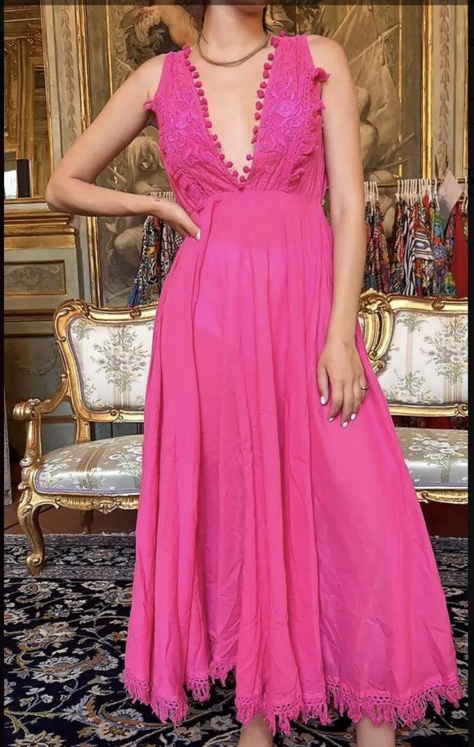 ANTICA SARTORIA PINK TIE FRONT & BACK V NECK DRESS POMPOM NWT O/S