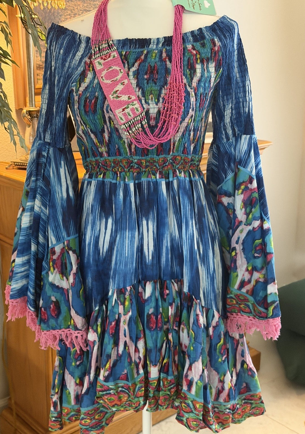 Antica Sartoria 2024 Blue White Pink Off Shoulder Smocked Dress NWT O/S