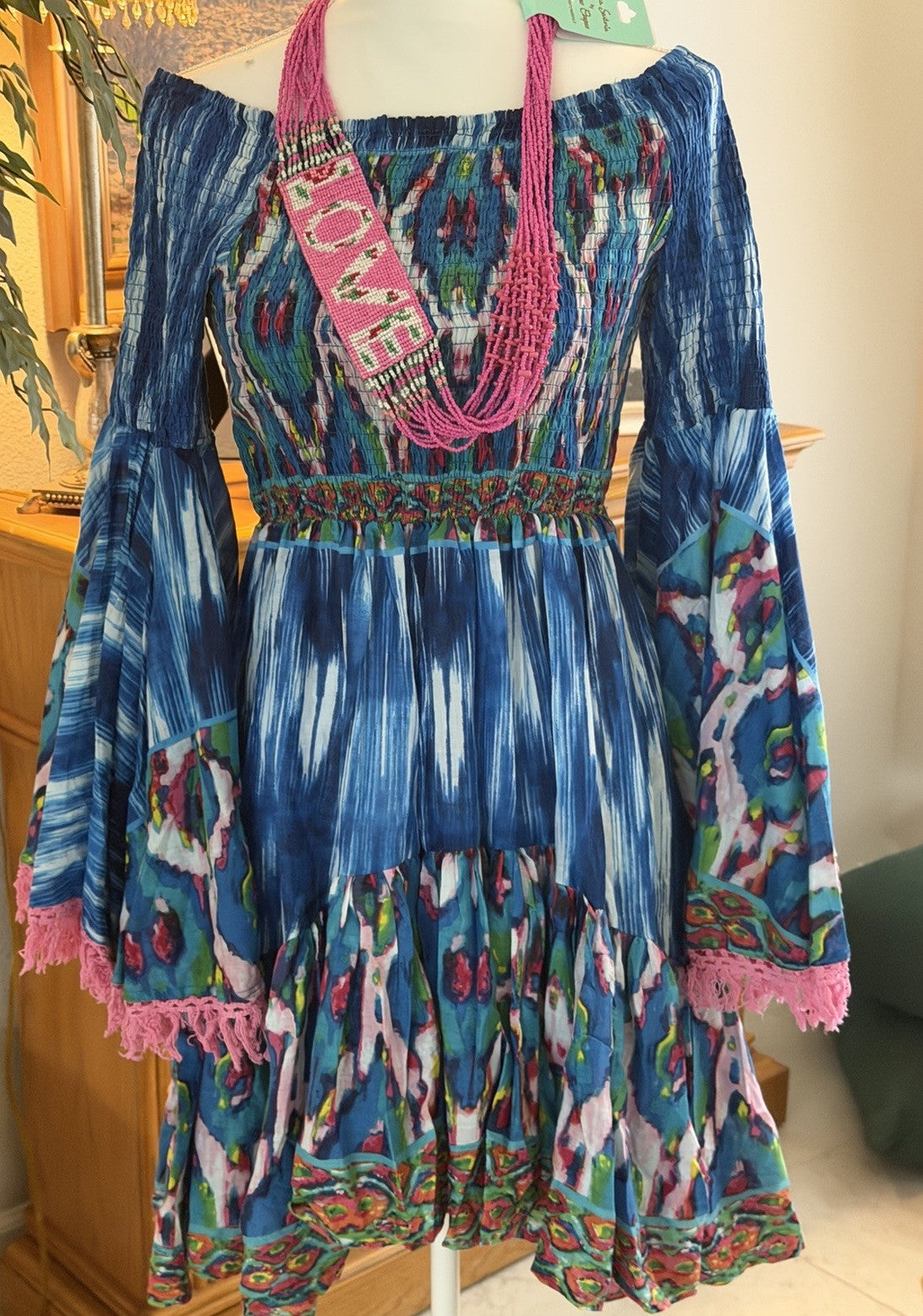 Antica Sartoria 2024 Blue White Pink Off Shoulder Smocked Dress NWT O/S