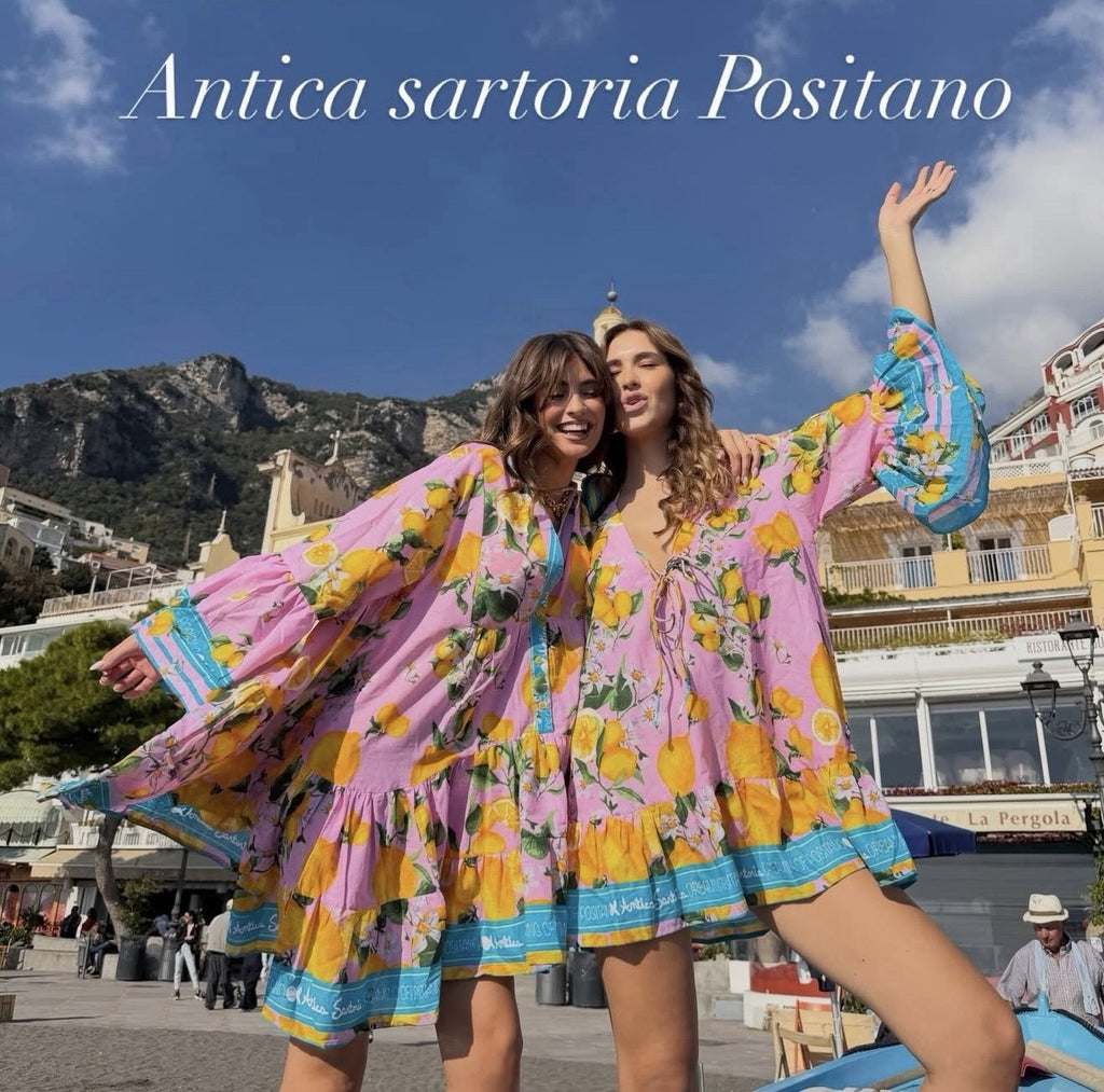 Antica Sartoria 2026 Positano Aqua & Pink Lemon 🍋 4 Button Flare Dress NWT O/S