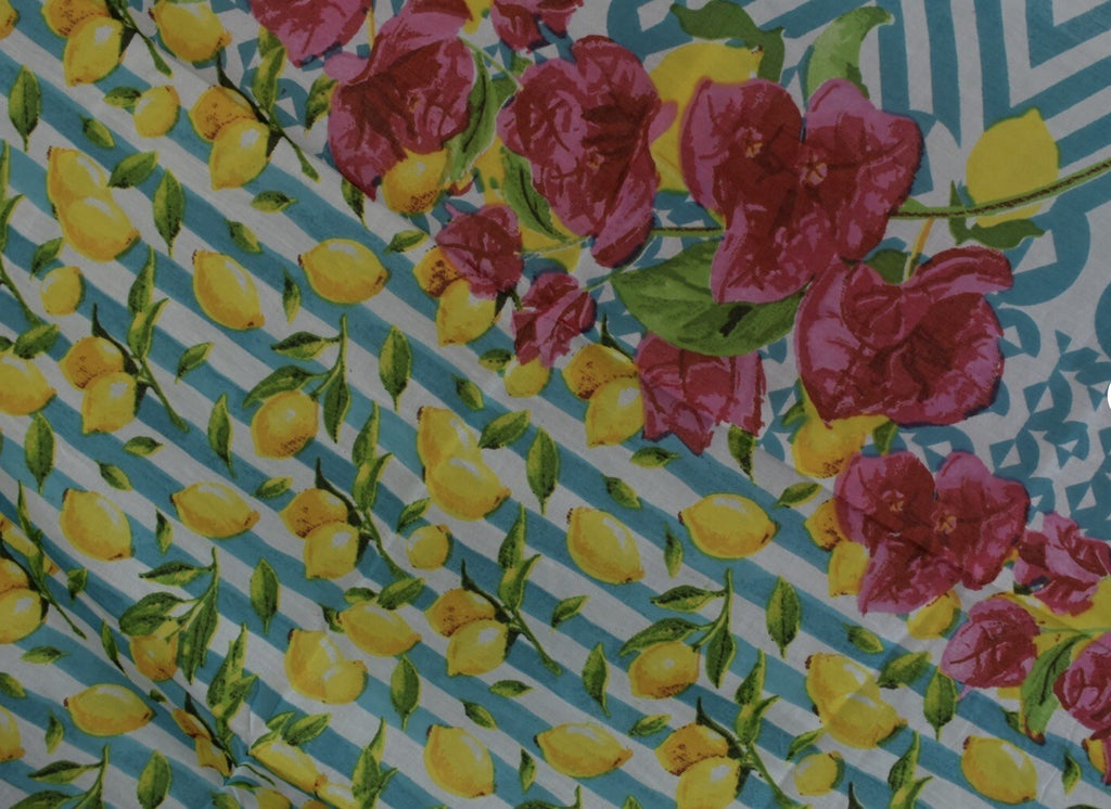 ANTICA SARTORIA 2024 LEMONS ON BLUE/WHITE STRIPE COTTON SCARF SARONG 40x70 NWT