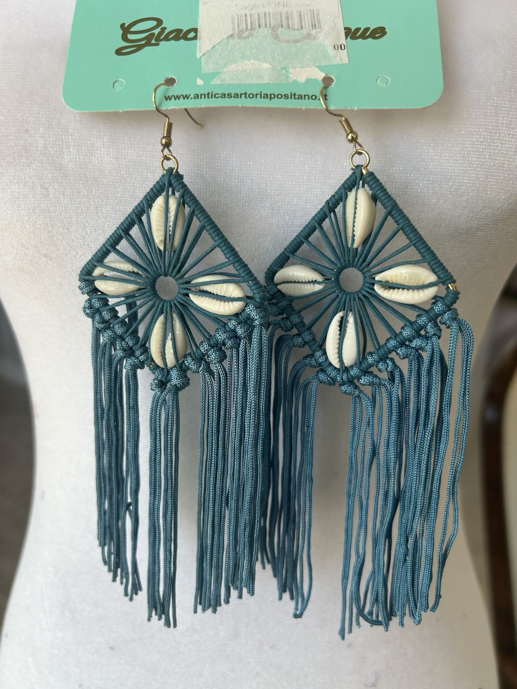 ANTICA SARTORIA GORGEOUS SHELL & STRINGS BLUE LONG EARRINGS NWT