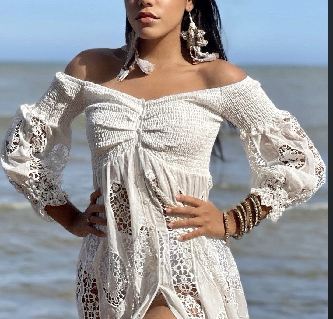 Antica Sartoria White Off Shoulder Long Lace Buttons Dress With Under Skirt