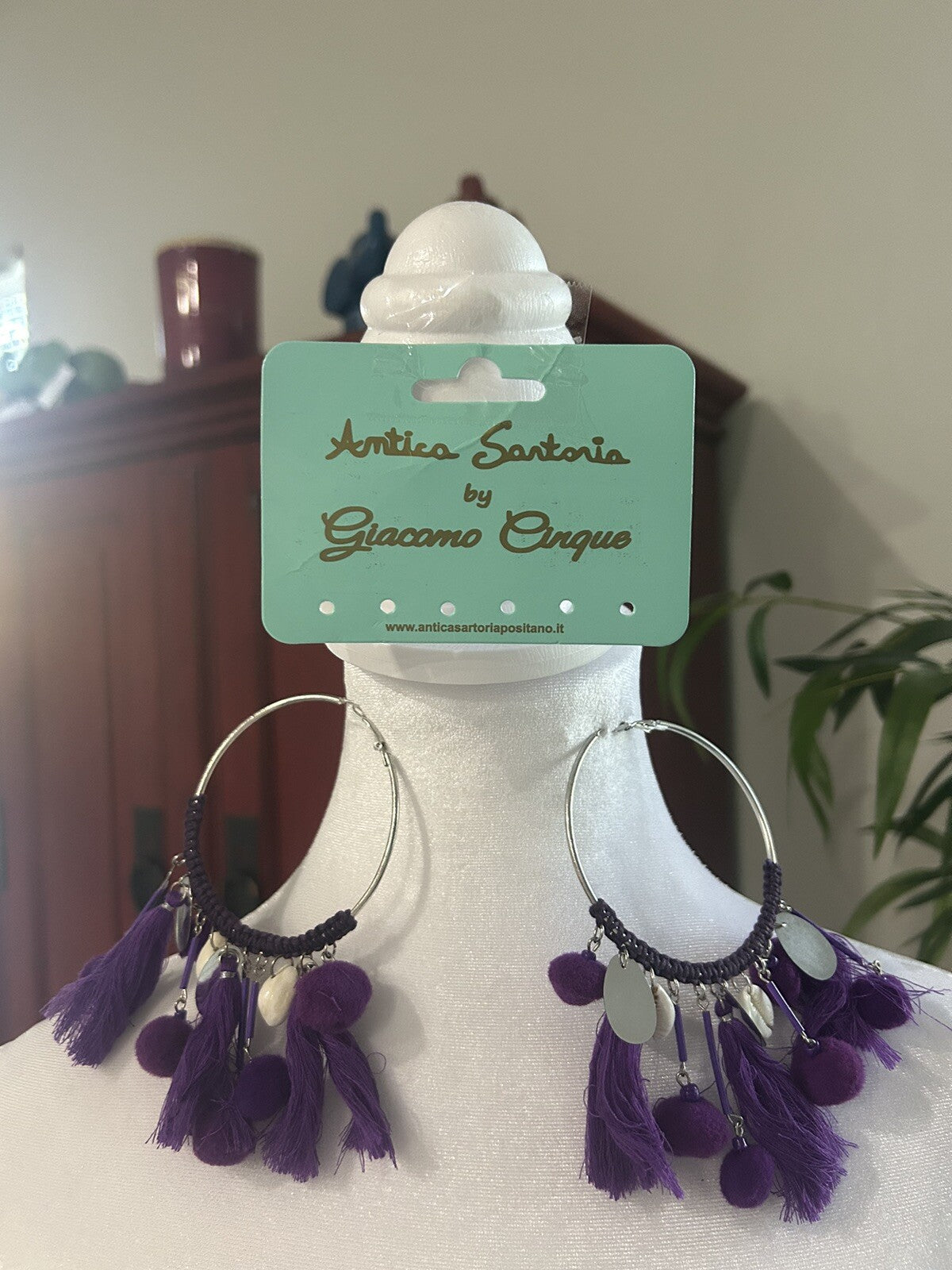 ANTICA SARTORIA PURPLE PLUM HOOP SEASHELL POMPOM EARRINGS NWT