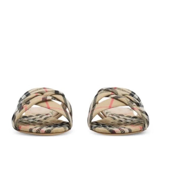 Burberry Check Cabana Slides in a linen blend with a leather sole NWT SIZE 8.5