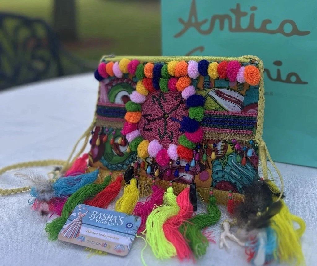 ANTICA SARTORIA ITALIAN FUN POMPOMS AND BEADING ZIP TOP PURSE NWT