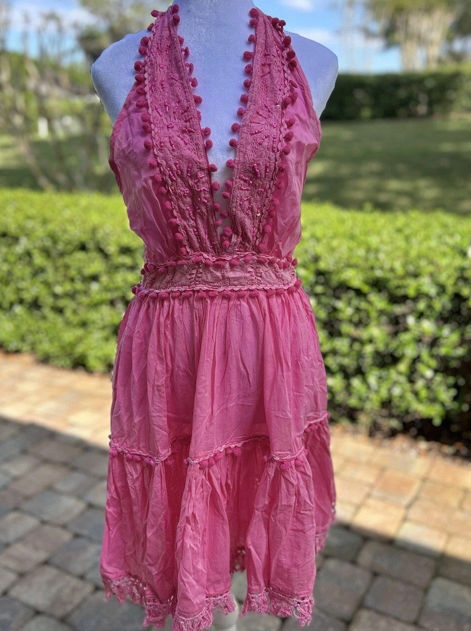 Antica Sartoria Pink Lace Beads Halter Top Backless Dress Nwt O/S