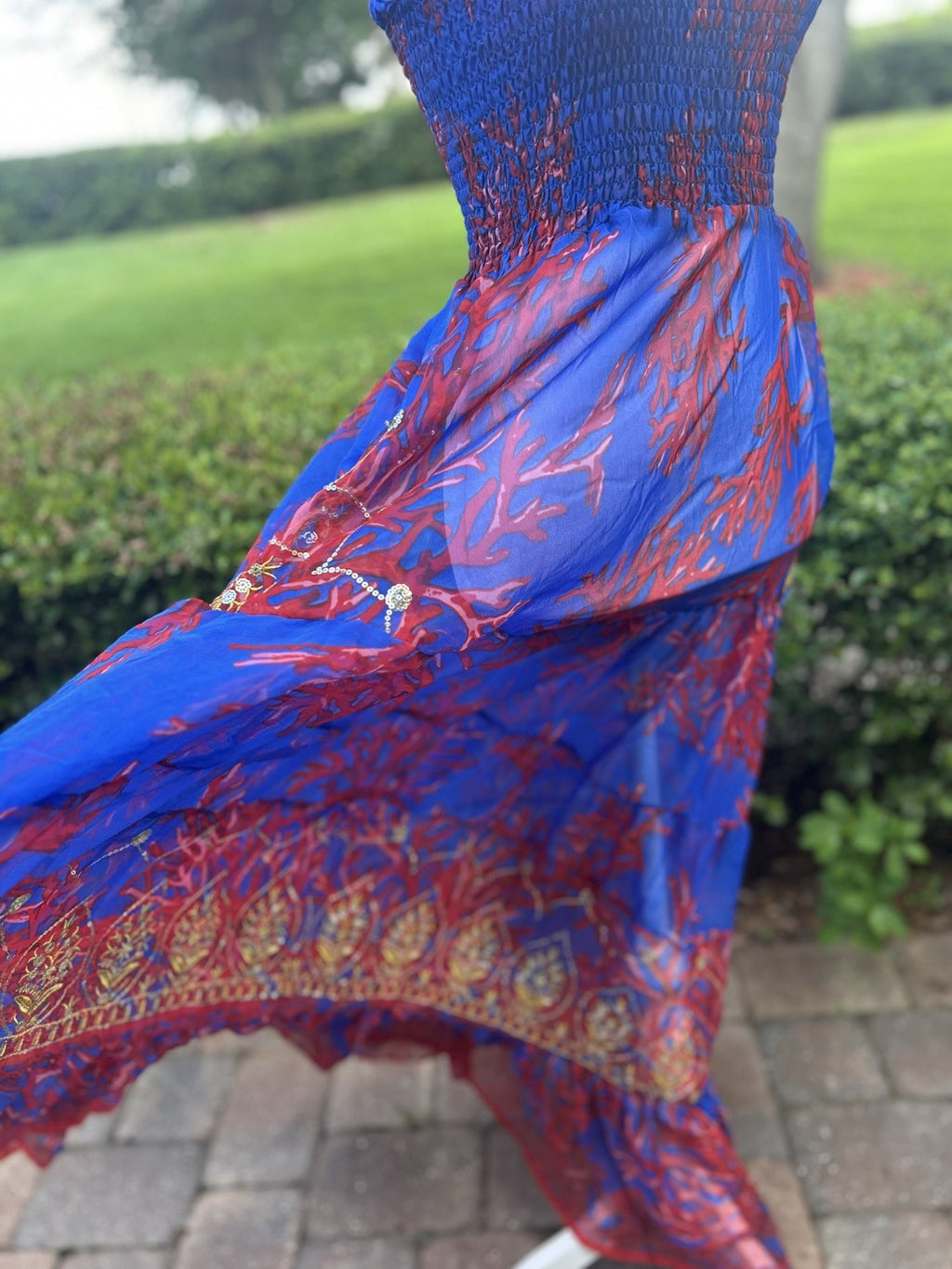 Antica Sartoria Blue And Red Coral & Gold Smocked Top STRAPPY Dress NWT O/S