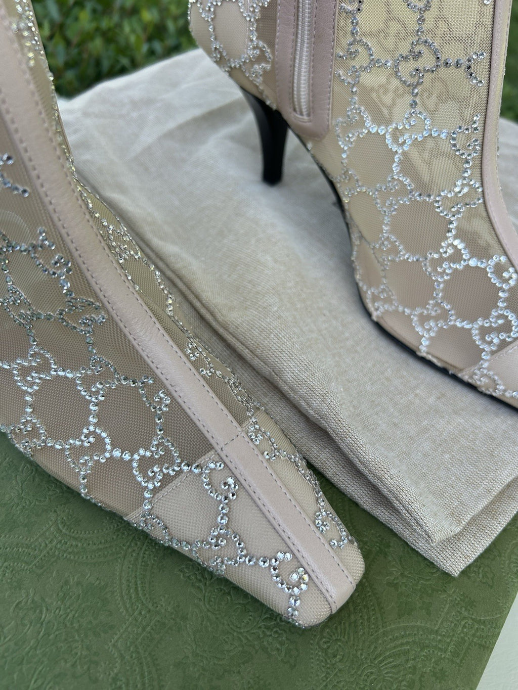 Gucci Demi Crystal Mesh Ankle Boots Glitter Beige Size EU-37.5 NIB