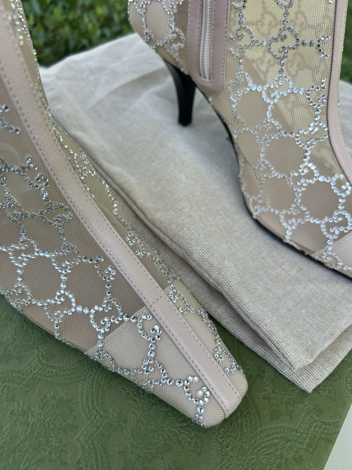 Gucci Demi Crystal Mesh Ankle Boots Glitter Beige Size EU-37.5 NIB