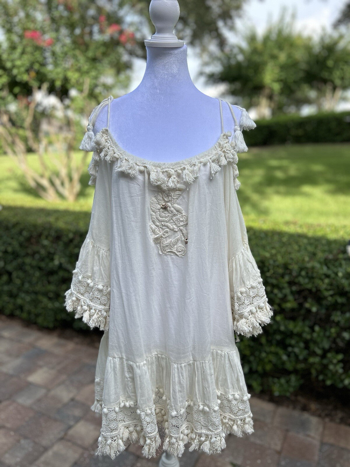 Antica Sartoria Off White Peek A Boo Shoulder Dress  Lace POMPOM