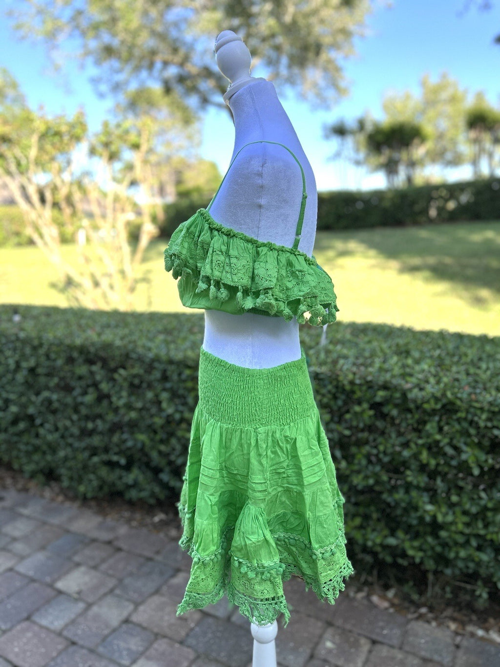 Antica Sartoria 2023 Green Skirt With Lace  And Midi Top With Pompom NWT O/S