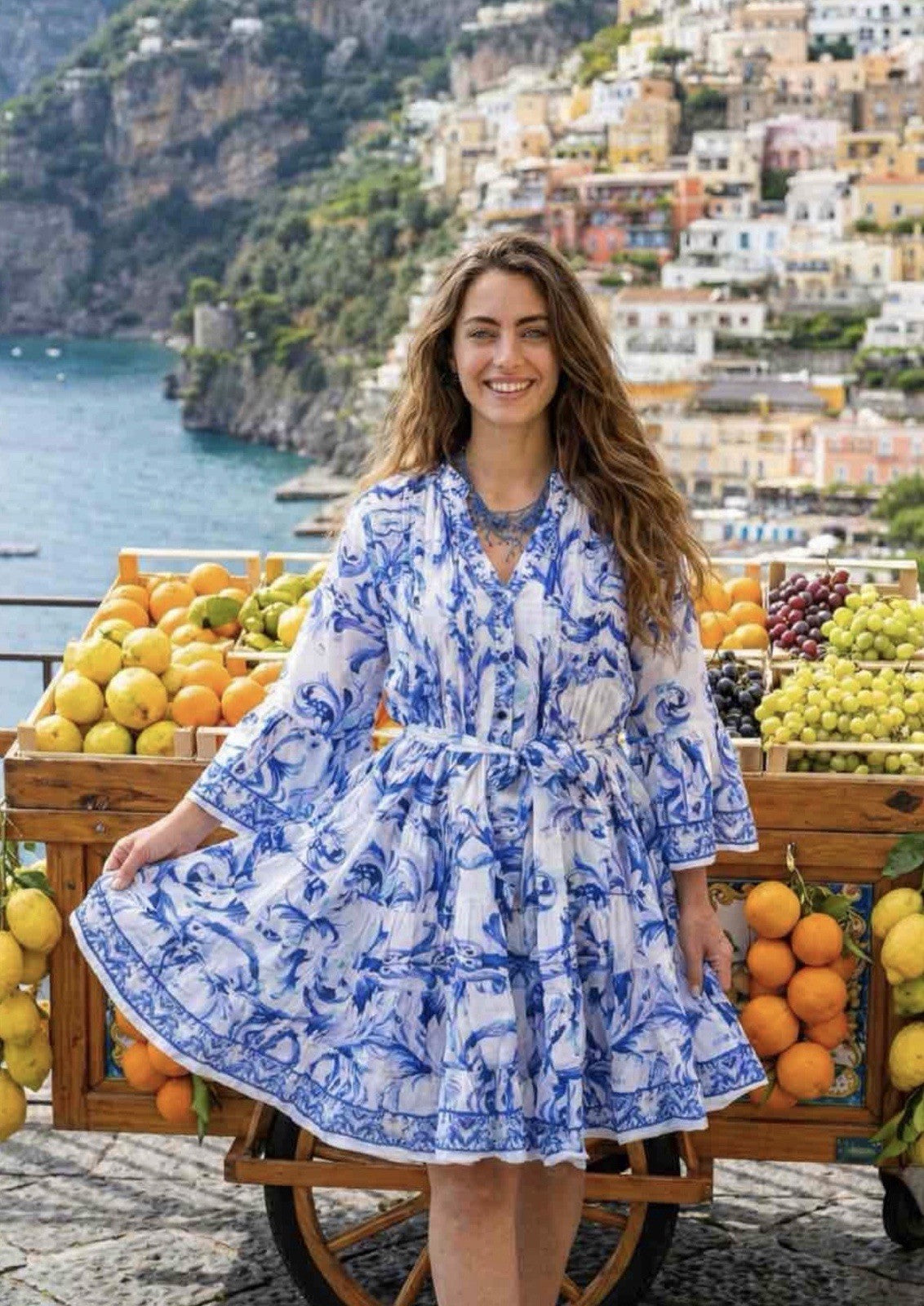 Antica Sartoria 2026 White Blue Button Top Belted Dress O/S