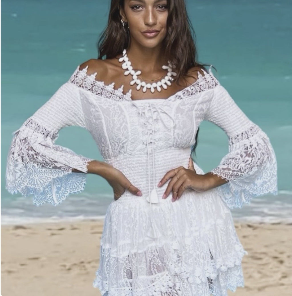 Antica Sartoria Gorgeous Whit Off Shoulder Short Lace Dress Nwt O/S
