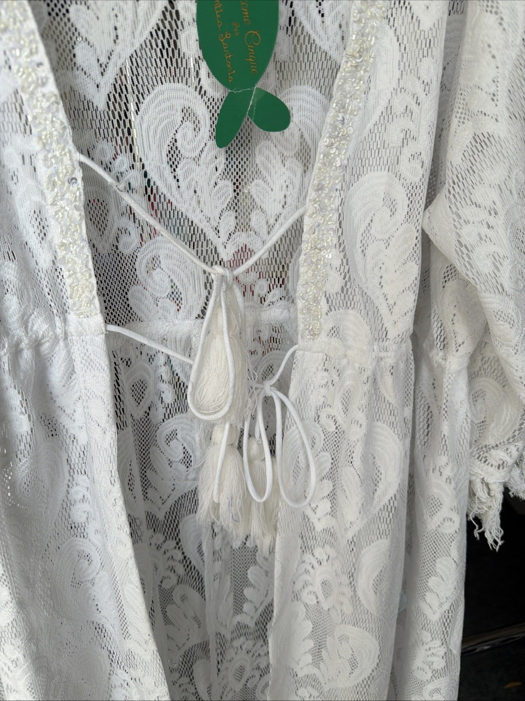 Antica Sartoria White On White Flower  Embroidered Beaded Tie Front Short Kaftan