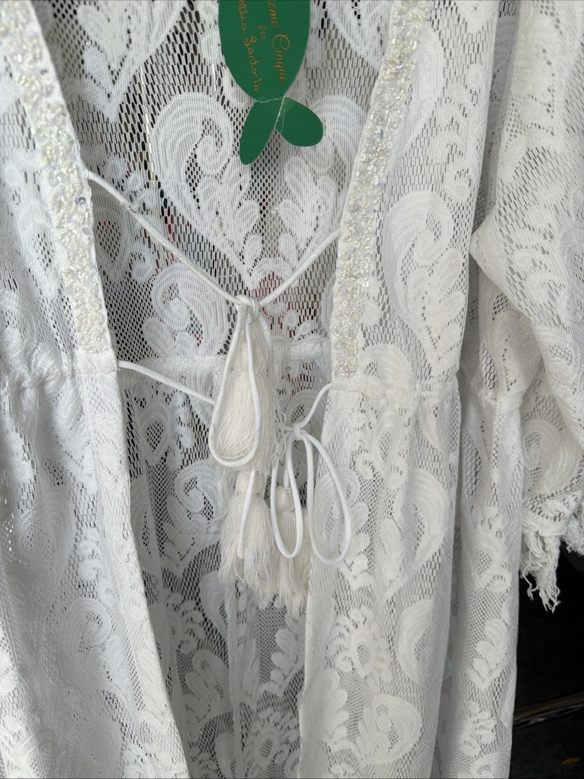 Antica Sartoria White On White Flower  Embroidered Beaded Tie Front Short Kaftan