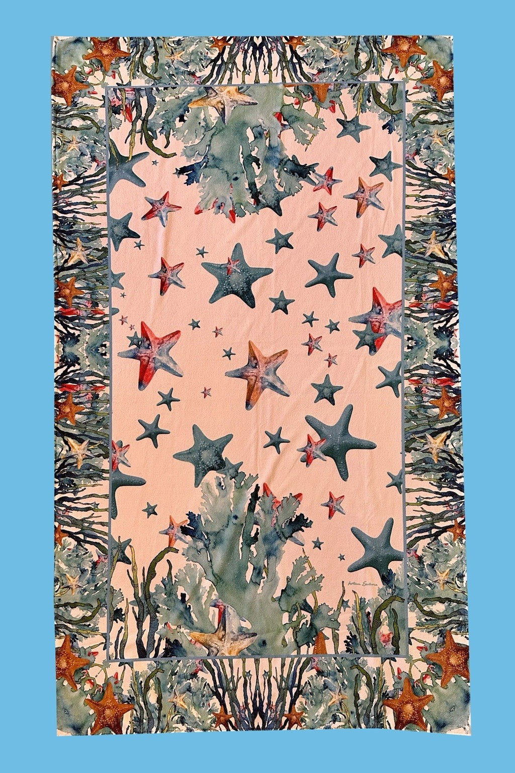 Antica Sartoria White & Blue Stafish & Corals Towel NWT 40 X 66