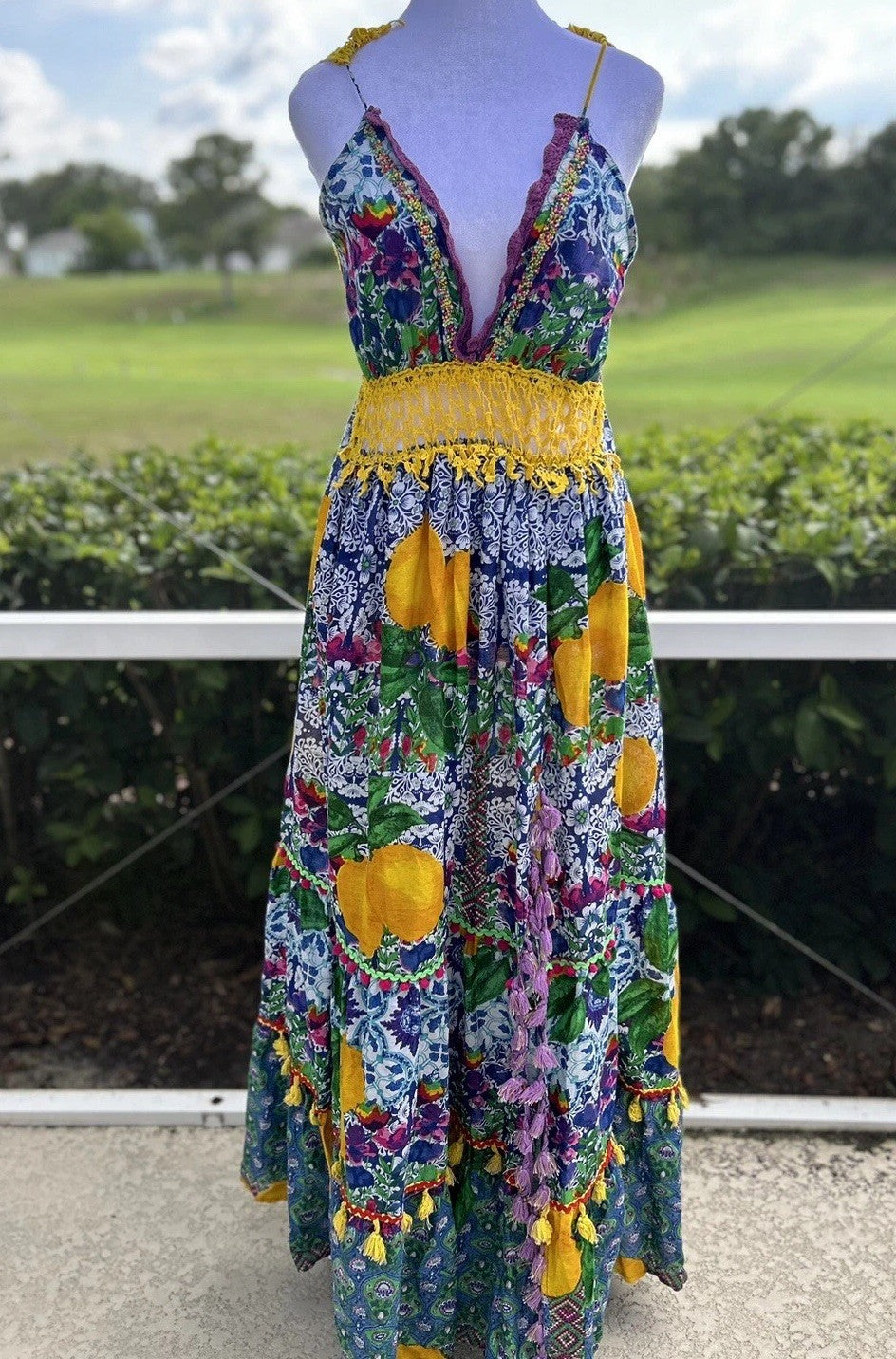 Antica Sartoria Long Knitted & Beads V Neck Dress Blue Lemon Gorgeous NWT O/S