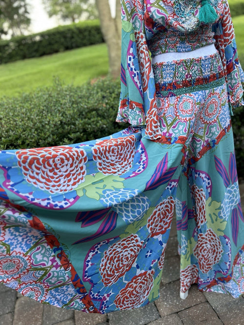 ANTICA SARTORIA 2024 AQUA FLOWERS PANTS SET O/S NWT BEAUTIFUL