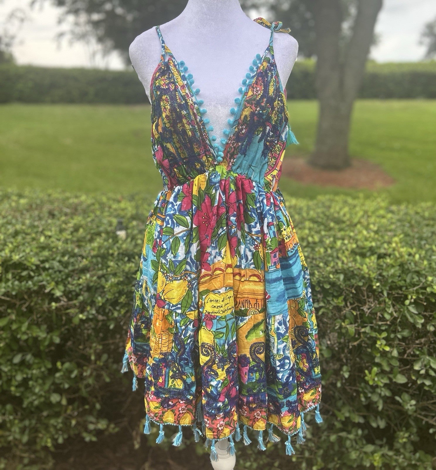 Antica Sartoria 2024 Antica Sartoria Sorrento Theme V Neck Blue Tie Dress Nwt