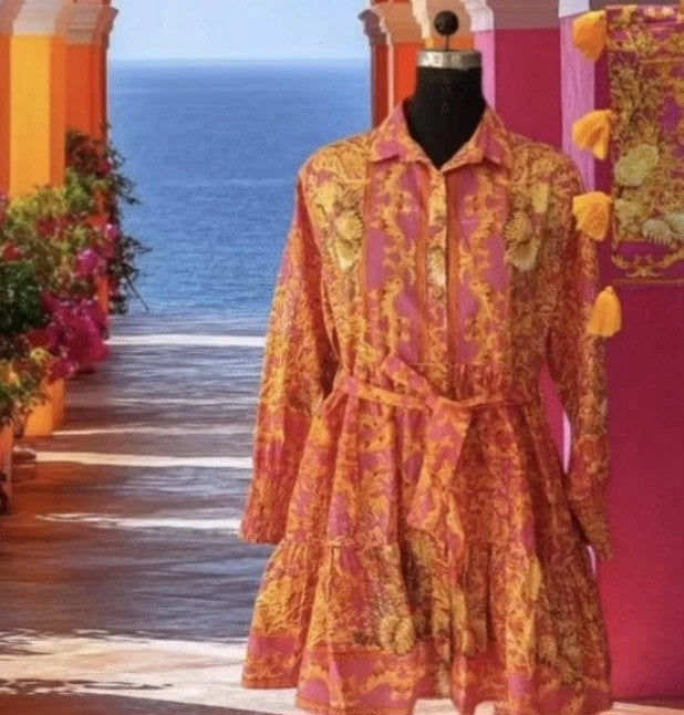 Antica Sartoria 2026 Gold Coral Belted Collar Button Dress NWT O/S