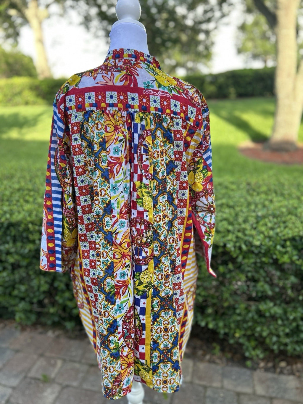 Antica Sartoria Red Blue Yellow Stripes Button Down Shirt Dress NWT XL