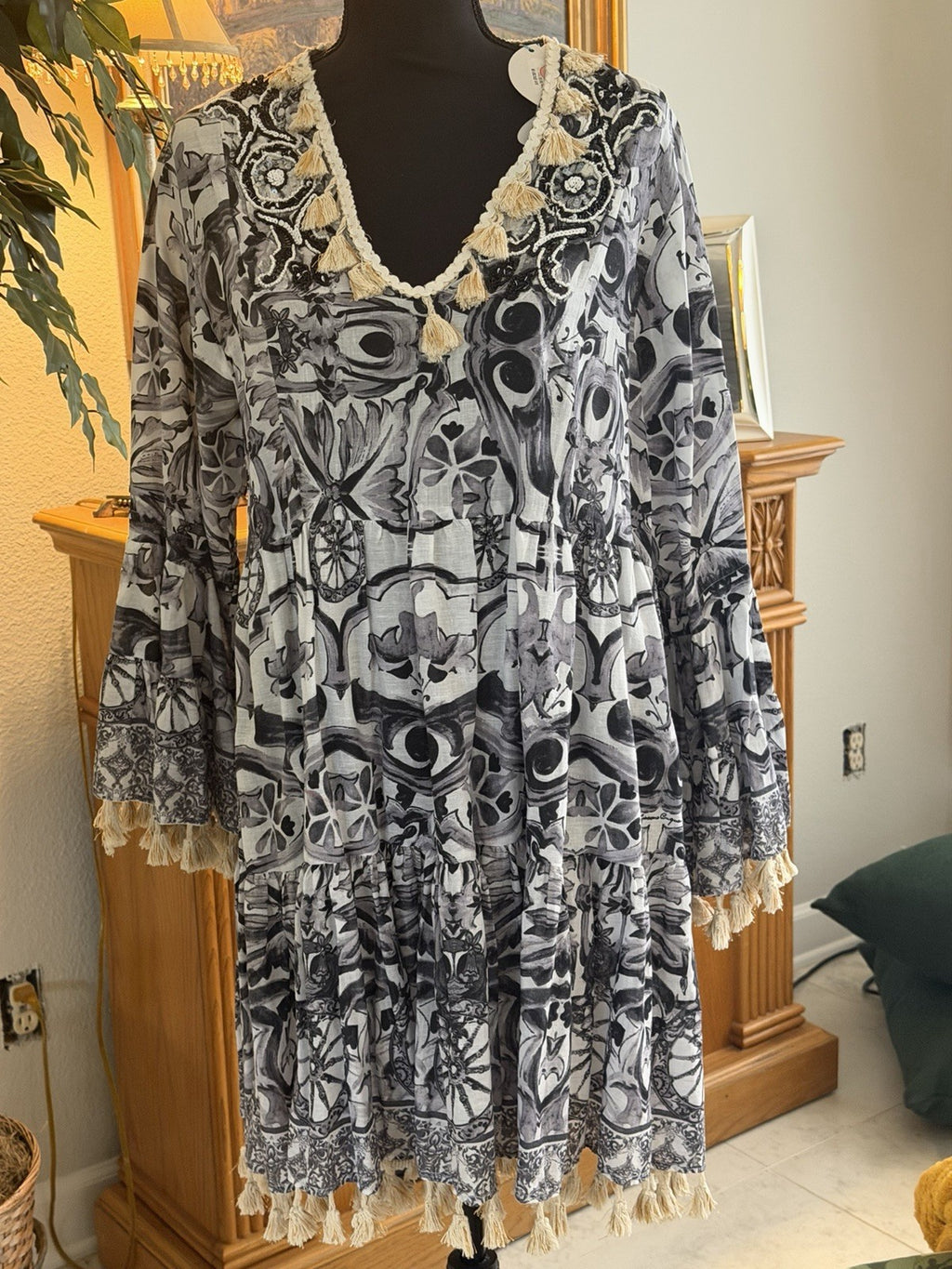 Antica Sartoria Black / White Beaded Tassel Dress Nwt O/S